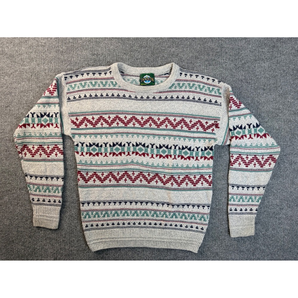 Vintage Jantzen Mens Medium Grey Fair Isle Southwestern Knit Sweater USA Made